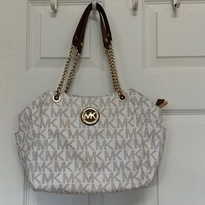 Michael Kors White and Brown Tote Bag